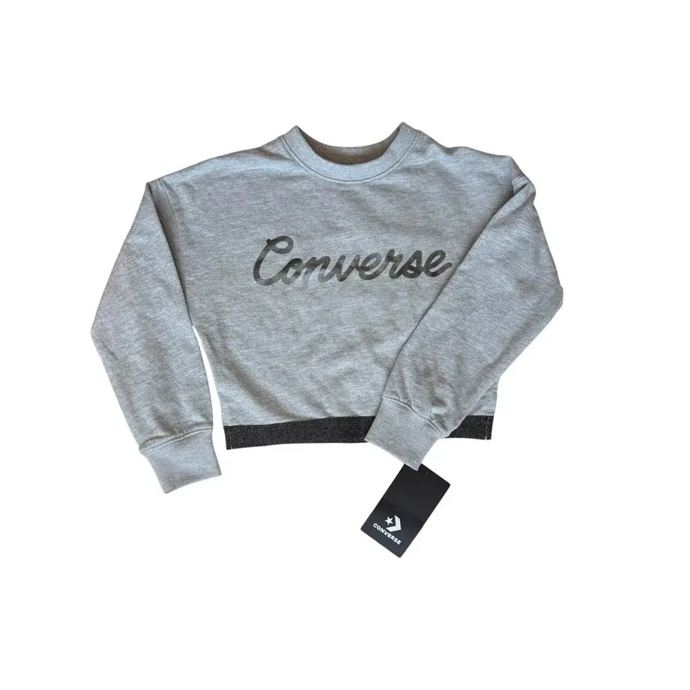 Converse Girls Size 4 Cropped Crewneck Sweatshirt Gray Metallic Silver Logo NWT